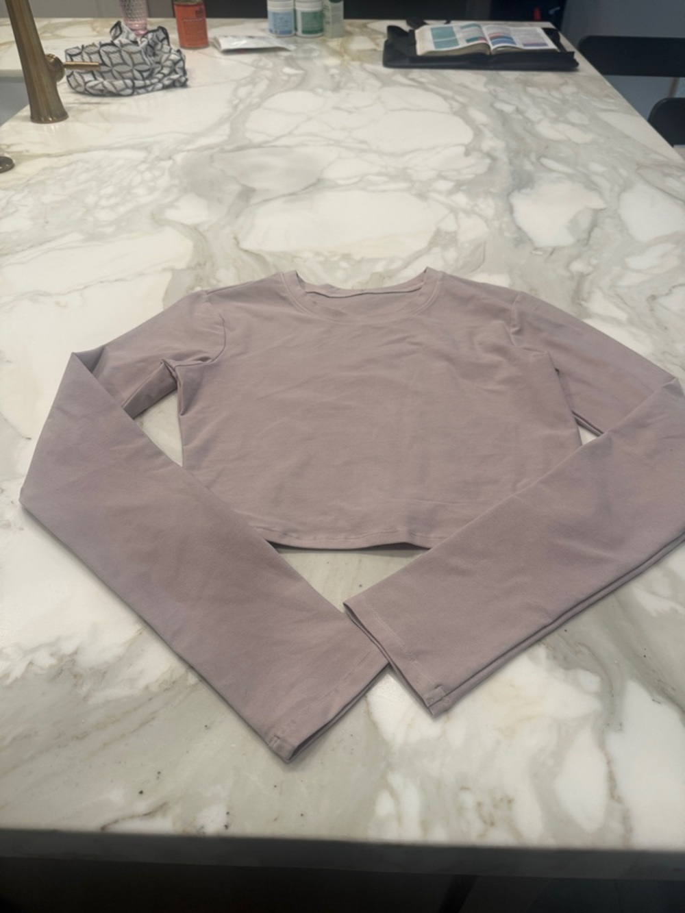 Washed ALO alosoft Yoga Cropped Long Sleeve Top in Grey Sky Wash